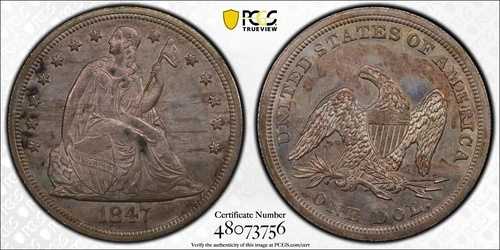 1847年 座席付きリバティドル PCGS MS 61 打刻状態良好、光沢あり、キズ少