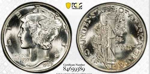 1939年 マーキュリーダイム 10セント PCGS MS68FB フルバンド (9389) ブラストホワイト 表面