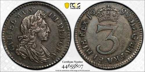 1699年 イギリス 3ペンス PCGS AU58 3D S-3550 最高値！これ以上のものはなし！