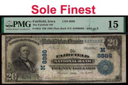1902年 20ドル ナショナルバンク フェアフィールド、アイオワ州 CH# 8986 PMG 15 トップポップ 1/0 ソール 最高級