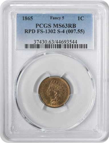 1865年 インディアンセントファンシー 5 RPD FS-1302 MS63RB PCGS