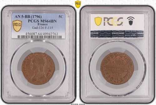 フランス - Directoire 5 centimes An 5 Strasbourg - PCGS MS64BN - TOP POP-