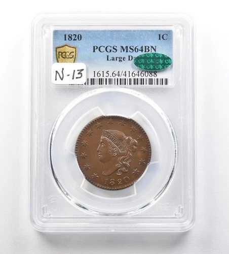 1820年 コロネットヘッド ラージセント ラージデイト MS64 BN PCGS CAC N-13 *3478