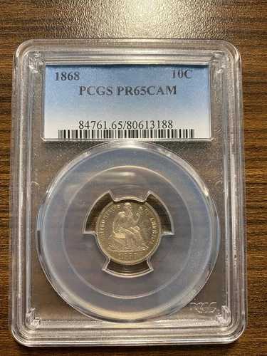 1868-P 自由の女神像 シルバーダイム 10セント PCGS プルーフ 65 カメオ タイプ5、裏面にレジェンド