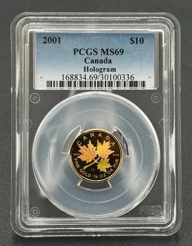 2001年カナダドル 10 1/4オンス ゴールド メープルリーフ ホログラム PCGS MS 69 限定版