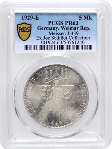 ワイマール 5 ライヒスマルク 1929 E、PCGS PR63、「千年の城とマイセンの街」- 302,445円
