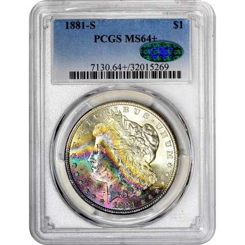 1881年代 PCGS MS64+ CAC - 見事なネオンレインボートーンのモルガンシルバーダラーCC