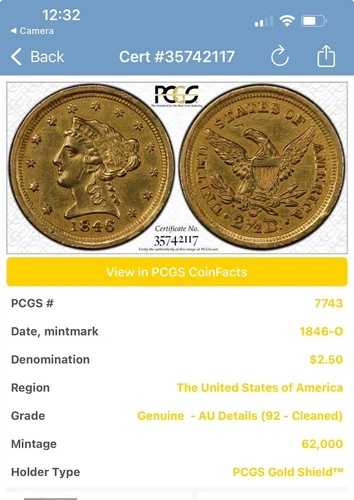 1846-O リバティ ヘッド $2.5 PCGS 軽くクリーニング済み AU - バラエティ 1 - イーグルズ クロー!|WORLD RESOURCE【QUEEN店】