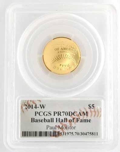 アメリカ造幣局 2014-W 5ドル金貨 野球記念硬貨 PCGS PR70DCAM ポール・モリター直筆サイン入り