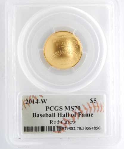 アメリカ造幣局 2014-W 5ドル金貨 野球記念 PCGS MS70 ロッド・カルー直筆サイン入り