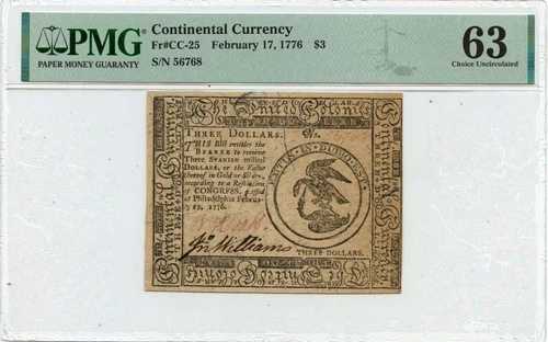 1776年2月17日、3ドル大陸通貨FR#CC-25 PMG CU63