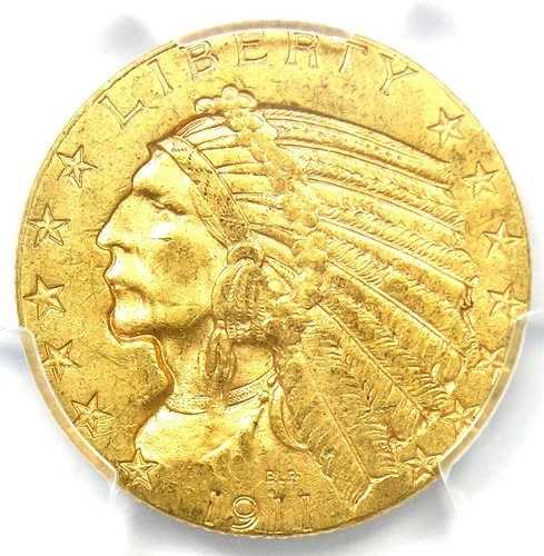 1911-S インディアンゴールドハーフイーグル5ドルコイン。PCGS MS61 BU UNC認定 - 2,500ドル相当