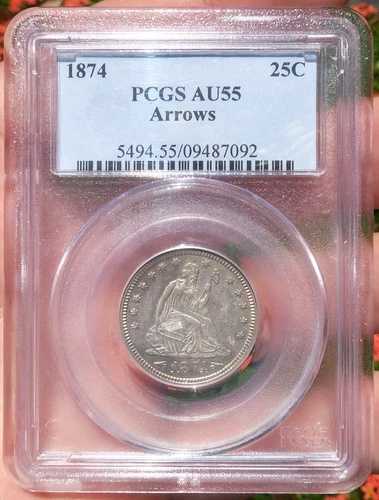 1874-P 座像自由の女神像 銀貨 25セント AU55 PCGS 鑑定 矢印付き｜WORLD RESOURCE【QUEEN店】 361,350円
