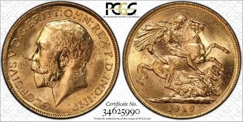 オーストラリア KGV 1919 M 希少年号 フルゴールドソブリンコイン PCGS MS63 #5990