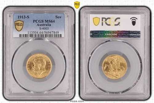 オーストラリア 1913年 S フルゴールド ソブリンコイン PCGS MS64 チョイス 未使用 #7849