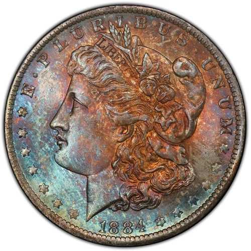1884-O モルガン銀貨 PCGS MS65 - グリーン、ブルー、オレンジ、バーガンディトーンの宝石|WORLD RESOURCE【QUEEN店】