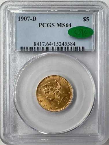 1907-D 5ドル金貨 リバティ PCGS MS64 CAC ゴールド ハーフイーグル 15245584|WORLD RESOURCE【QUEEN店】