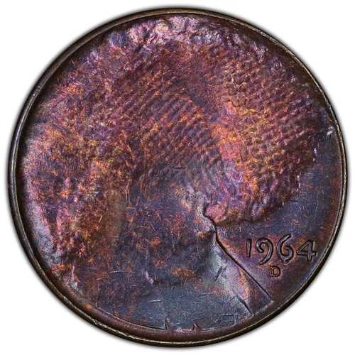 1964D PCGS MS62 75% 布を通して打たれたリンカーンセント ミントエラー ワオ レインボートーン|WORLD RESOURCE【QUEEN店】