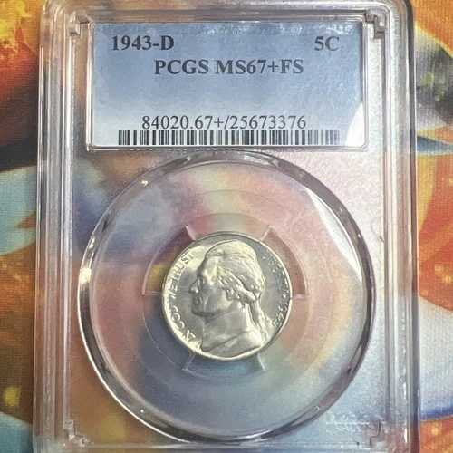 1943年 D ジェファーソン ニッケル MS 67+ FS PCGS 35% 戦時銀貨 5セント 未使用｜WORLD RESOURCE【QUEEN店】