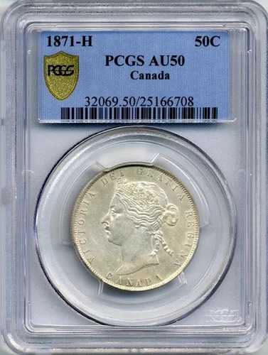 1871-H カナダ 50セント - ほぼ未使用、PCGS AU50