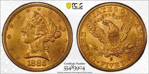 1886年 Sゴールド ハーフイーグル リバティヘッド PCGS MS-62