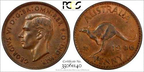 オーストラリア 1946年 ペニーキーデイト ローミント レア PCGS aUNC ラスター