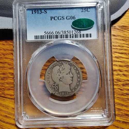 1913-S 25C バーバー クォーター PCGS G6 CAC、写真の通り。