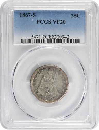 1867-S 自由の女神像 シルバークォーター VF20 PCGS
