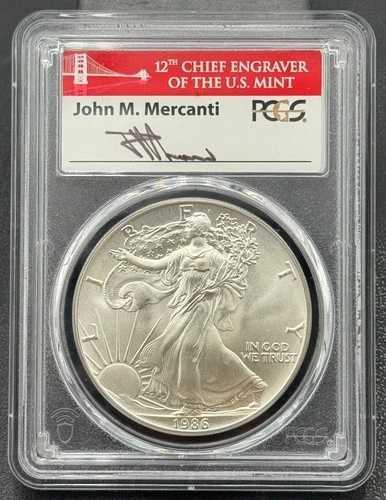 1986年 S $1 1オンス シルバー アメリカンイーグル PCGS MS 70、ジョン・マーカンティ署名ラベル