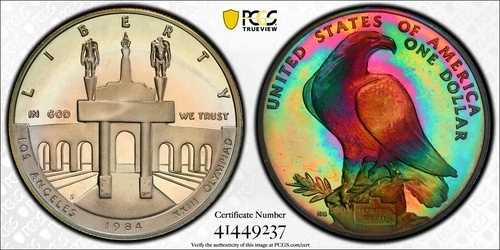 1984-S オリンピック記念銀貨 - PCGS PR68 DCAM - レインボートーン!! JS
