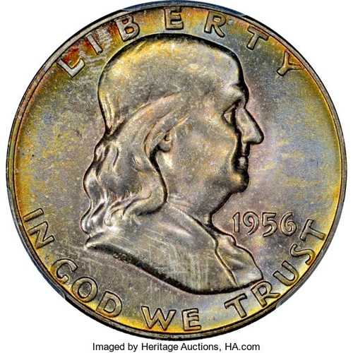 1956年フランクリンハーフダラー PCGS MS-67 FBL CAC（ビデオ参照）; 2015年に3525ドルで落札