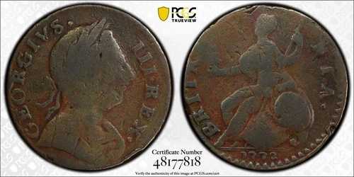 1772年 マチンズ・ミルズ 1/2ペンス ヴラック 5-72A W7710 R6 GEORGIVS III グループ1 PCGS F12