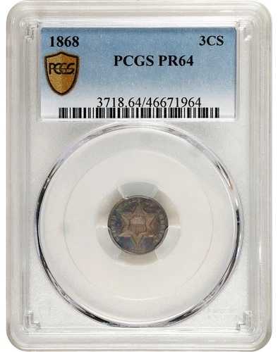 1868年 PCGS PR64 発行枚数3,500枚+600枚プルーフ！年利3,120ドル 3セント銀貨 KEY 3CS