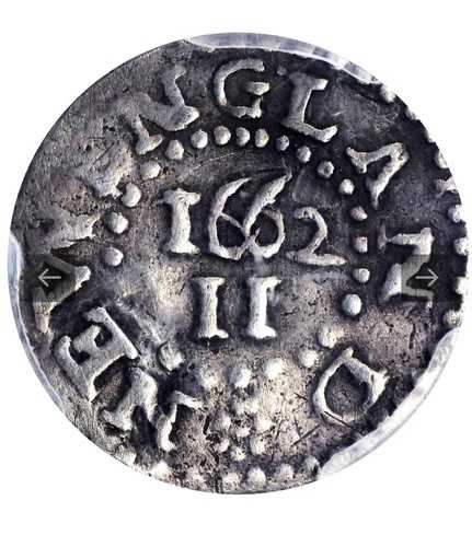 1662年製 マサチューセッツ州オークツリー銀貨2ペンス。Noe-33。サーモン1-B、W-240。希少度-5