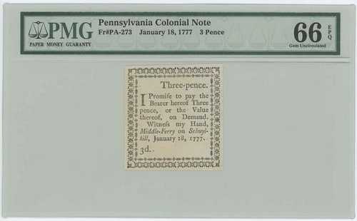 1777年、ペンシルベニア植民地時代 FR#PA-273-277 ジョセフ・オグデン PMG GEM 66 EPQ 5個セット