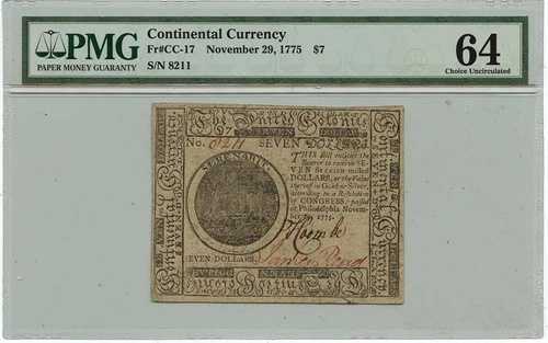 1775年11月29日 7ドル 大陸通貨 FR#CC-17 PMG CU64