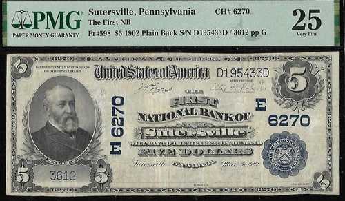 1902 $5 ペンシルバニア州サターズビル国立銀行 CH 6270 # 380