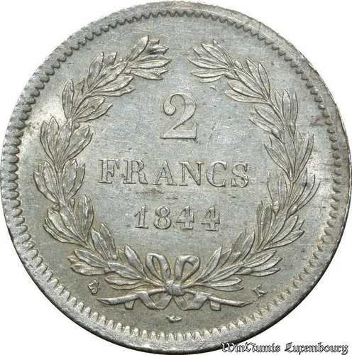 B1857 フランス 非常に希少 2フラン ルイ・フィリップ 1844 K ボルドー シルバー PCGS MS 62-