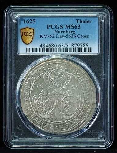 1625年 ドイツ ニュルンベルク ターラー ターラー シルバー PCGS MS63 光沢のある美しさ!