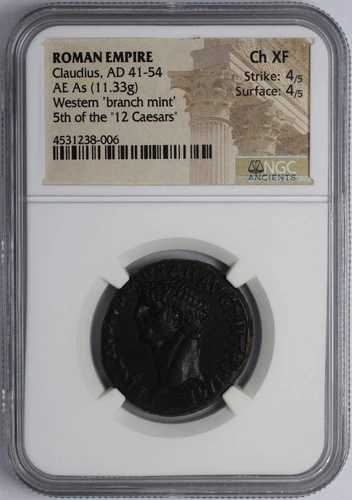 ローマ帝国 AE As クラウディウス 41 年 NGC Ch XF 4/4