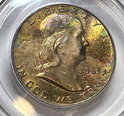 1963年-D フランクリン ハーフダラー PCGS MS-66 FBL; 見事な、美しい色合いの 50C