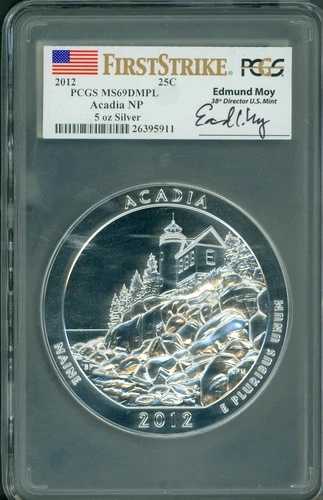 2012年 ACADIA ATB 5オンス シルバー PCGS MS69 DMPL ファーストストライク FS エドマンド・モイ署名