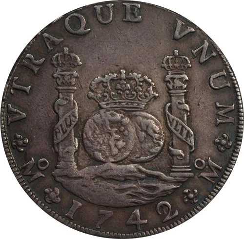 メキシコ：フェリペ5世、8レアル柱、1742/1年 Mo-MF オーバーデート。PCGS XF-45 メキシコシティ