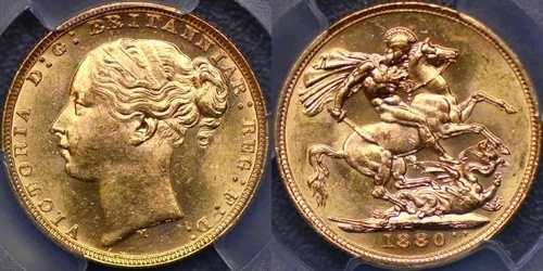 1880年 メルボルン セントジョージ リバースソブリン - PCGS MS63 516,560円