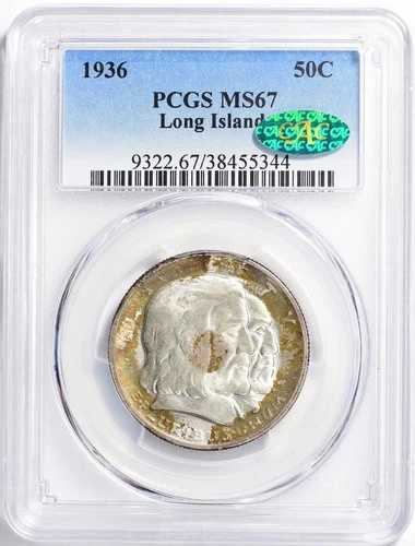 1936 年ロングアイランド 300 周年記念ハーフ ドル MS-67 PCGS/CAC 証明書 - タブの色調!