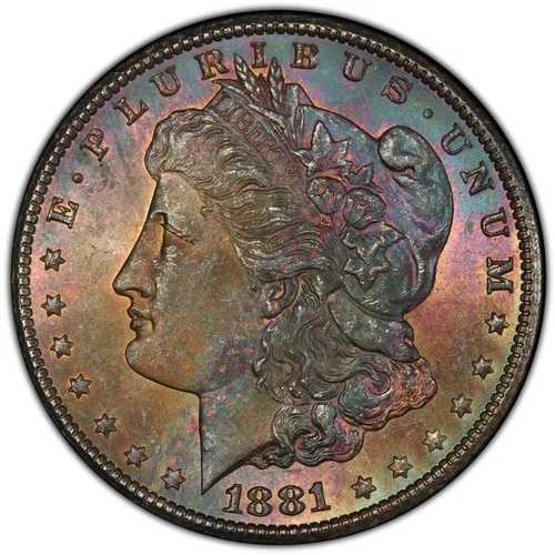 1881-CC 1ドル モルガン銀貨 PCGS MS65 - 美しい金色、青、マゼンタのトーン