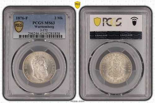 ヴュルテンベルク 2マーク 1876 ホルダー入り PCGS MS63 良好な状態 ライプツィヒ-