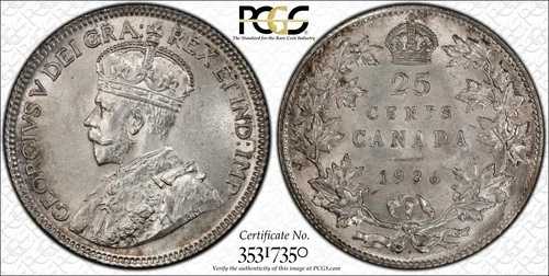 1936 年カナダ 25 セント ドット PCGS MS63 ミント ステート キー デート KM#24a 未流通 Si...｜WORLD RESOURCE【QUEEN店】