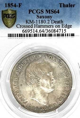ドイツ諸州ザクセン 1854年 鉱業ターラー貨幣 PCGS MS64 デスターラー F.STG/STG TOP