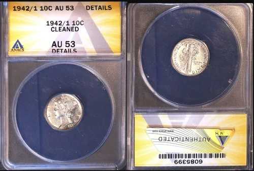 1942/41 10C ANACS AU 53 詳細クリーニング済みマーキュリーダイム